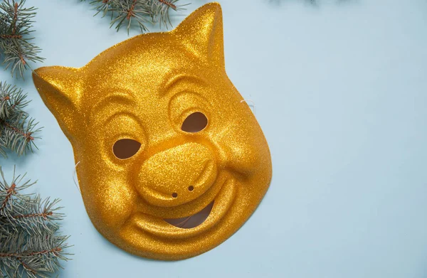 Mask of yellow pig. Symbol of 2019.