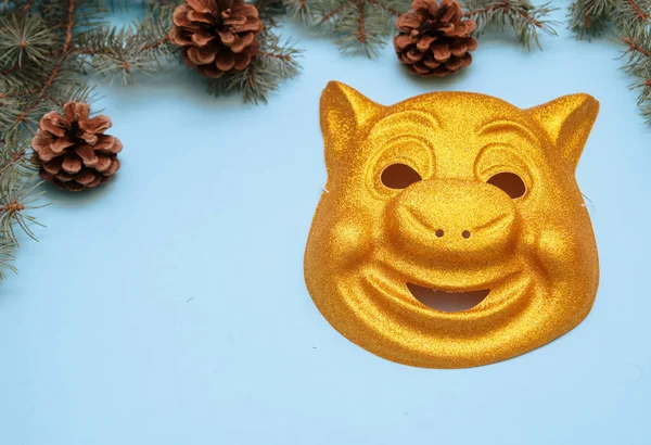 Mask of yellow pig. Symbol of 2019.