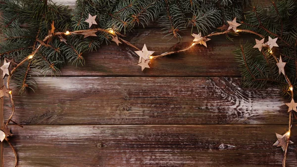 Χριστουγεννιάτικο Ξύλινο Υπόβαθρο Γιρλάντα Επίπεδη Θέσει — Φωτογραφία Αρχείου