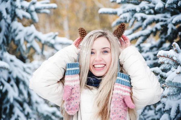 美しい笑顔の女性は 松ぼっくりを保持します 雪天気の屋外 ライフ スタイル 冬の休日 — ストック写真