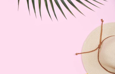 Palmiye yaprağı, ananas ve pembe bir arka plan üzerinde şapka. Yaz aylarında arka plan. Tatil kavramı.
