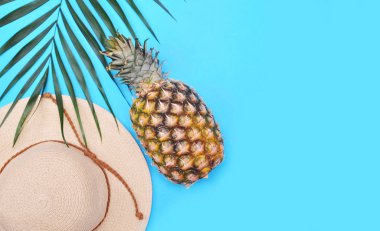 Palmiye yaprağı, ananas ve şapka. Yaz aylarında arka plan. Tatil kavramı.