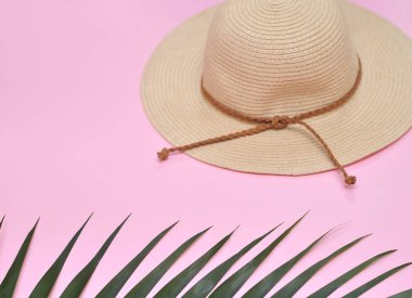 Palmiye yaprağı, ananas ve şapka. Yaz aylarında arka plan. Tatil kavramı.