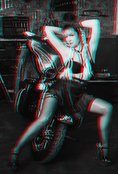 Woman Posing Motorcycle Photo Made Anaglyph Effect — Stock Photo, Image