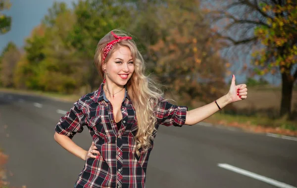 Hermosa Mujer Estilo Pin Posando Carretera —  Fotos de Stock