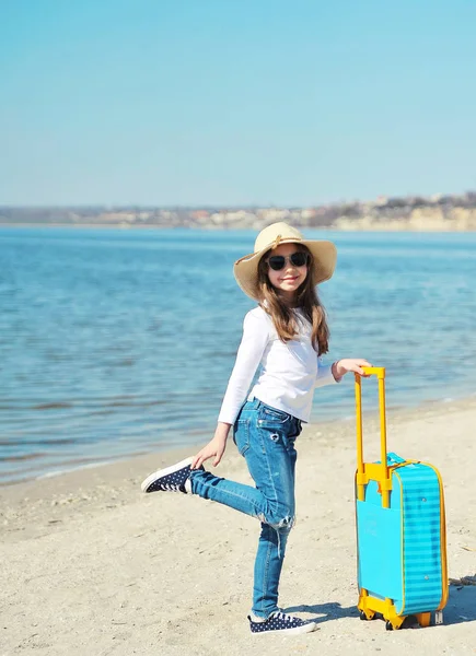 Cute Little Girl Hat Suitcase Beach Summertime Concept — Stock Photo, Image