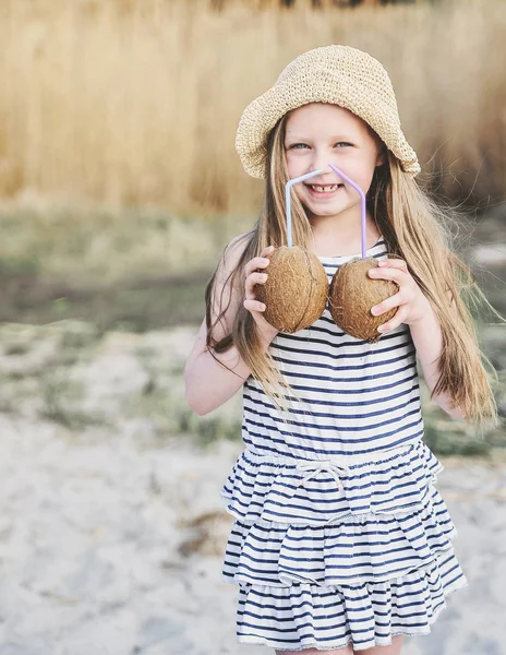 Cute Little Girl Coconut Has Fun Beach Sunset — Stock Photo, Image