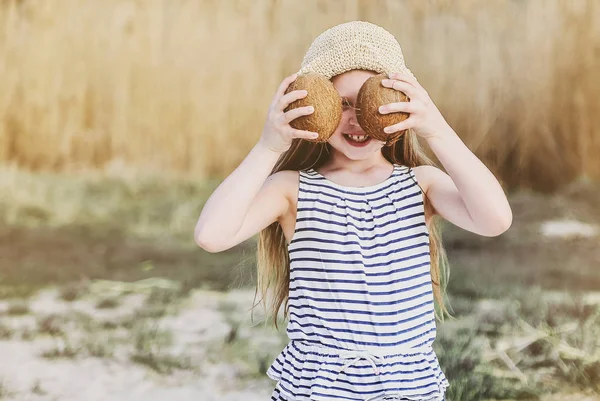 Cute Little Girl Coconut Has Fun Beach Sunset — Stock Photo, Image