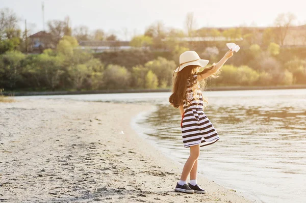 Cute Little Girl Paper Airplane Outdoors — Stock Photo, Image