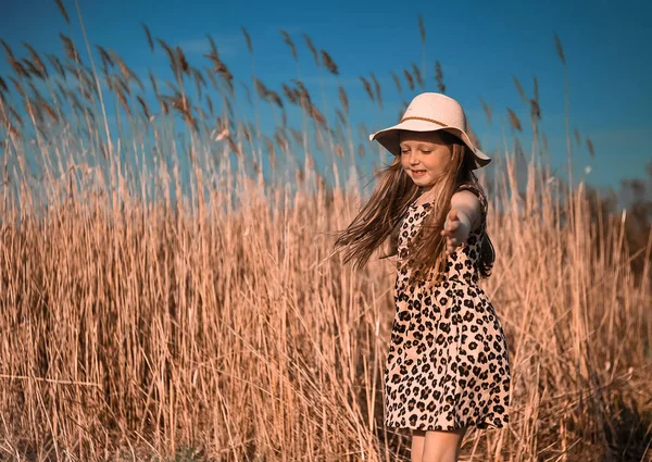 Söt Liten Flicka Som Går Stranden Sommar Koncept — Stockfoto