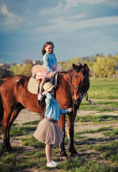 Two Sisters Horse Outdoors — Stock Photo, Image
