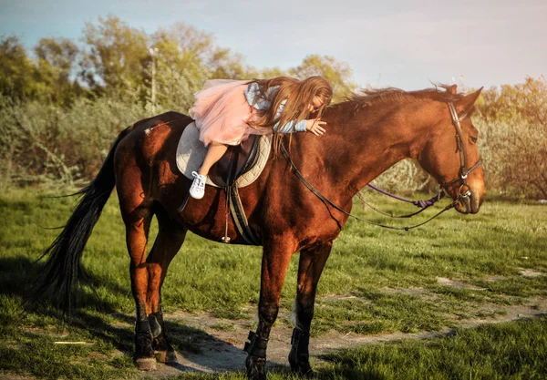 Menina Bonita Com Cavalo Grama Conceito Amizade — Fotografia de Stock