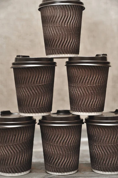 Brown Paper Cups Coffee Wooden Background — Stock Photo, Image