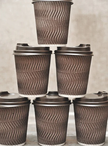 Brown Paper Cups Coffee Wooden Background — Stock Photo, Image