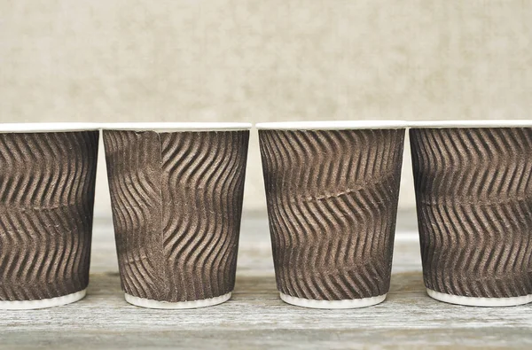 Brown Paper Cups Coffee Wooden Background — Stock Photo, Image