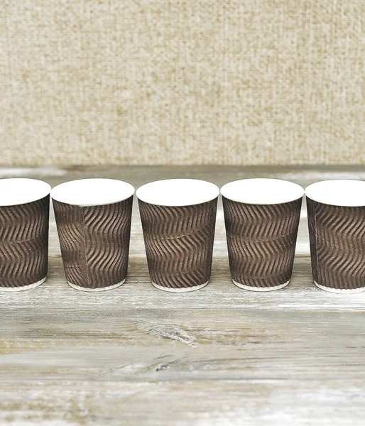 Brown Paper Cups Wooden Background — Stock Photo, Image
