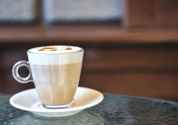 Kopp Latte Glas Bord Latte Art — Stockfoto