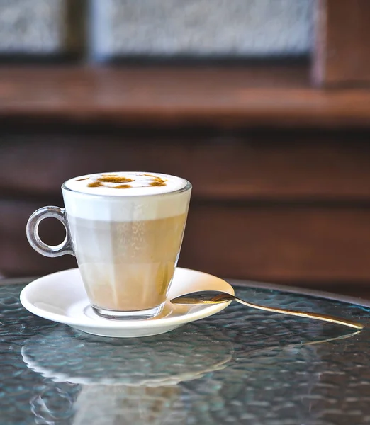 Kopp Latte Glas Bord Latte Art — Stockfoto