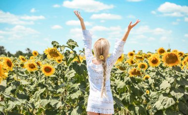 Beyaz elbiseli güzel beyaz kadın çayırda ayçiçekleriyle poz veriyor..