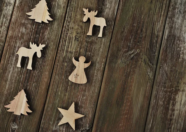 Ahşap Arka Planda Dekoratif Oyuncaklar Noel Konsepti — Stok fotoğraf
