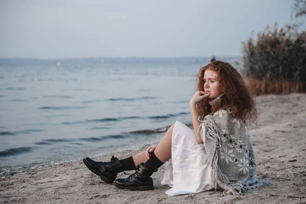 Close Portrait Beautiful Redhead Woman Poncho Posing Outdoors — Stockfoto