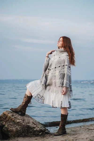 Close Portrait Beautiful Redhead Woman Poncho Posing Outdoors — Stockfoto