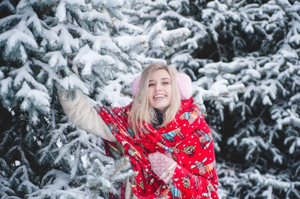 雪の天候で屋外でポーズクリスマスラップと美しい女性 — ストック写真