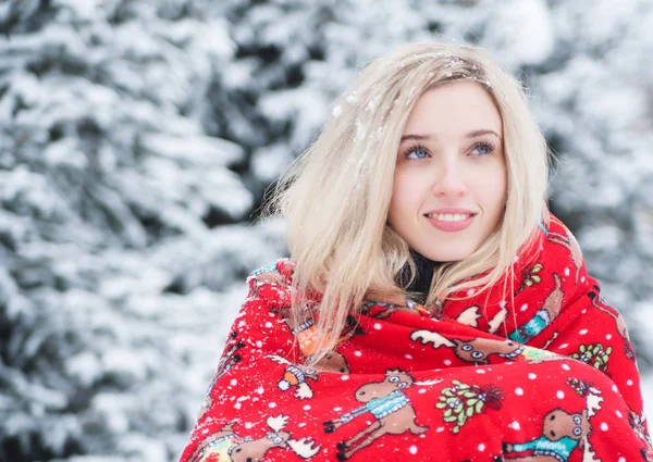 Hermosa Mujer Con Abrigo Navidad Posando Aire Libre Clima Nevado —  Fotos de Stock