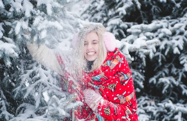 Mulher Bonita Com Envoltório Natal Posando Livre Tempo Nevado — Fotografia de Stock