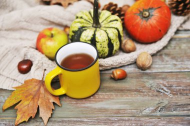 Sonbahar arkaplanı. Kabaklar, elmalar, fındıklar, yapraklar, fincanlar ve kazak ahşap arka planda.