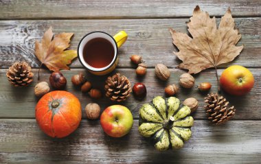 Sonbahar düz arka plan yatıyordu. Kabaklar, elmalar, fındıklar, yapraklar, fincanlar ve kazak ahşap arka planda.