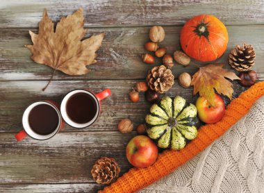 Sonbahar düz arka plan yatıyordu. Kabaklar, elmalar, fındıklar, yapraklar, fincanlar ve kazak ahşap arka planda.