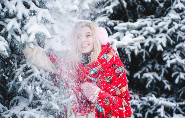 Όμορφη Χαμογελαστή Γυναίκα Έχει Ένα Διασκεδαστικό Χιόνι Εξωτερική Χειμερινές Διακοπές — Φωτογραφία Αρχείου