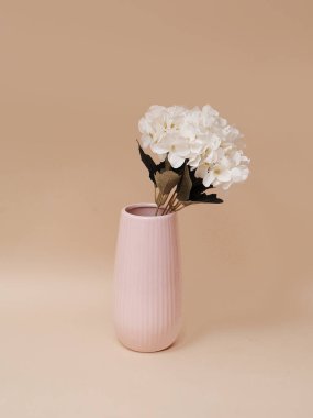 bej arkaplanda dekoratif vazoda suni çiçekler