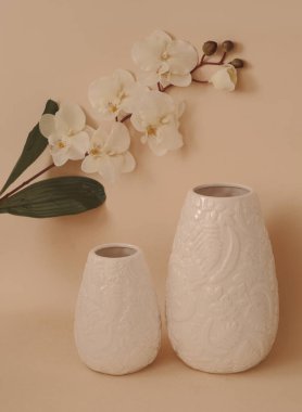 bej arkaplanda dekoratif vazoda suni çiçekler