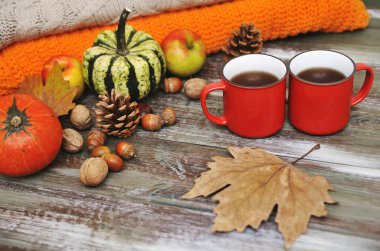 Kabaklar, elmalar, fındıklar, yapraklar, fincanlar ve kazak ahşap arka planda.