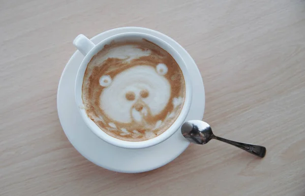 Cup Latte Wooden Table Latte Art — Stock Photo, Image