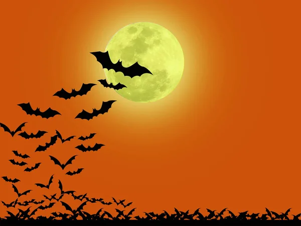 Halloween Mnoho Černých Netopýrů Oranžovém Pozadí Létat Pod Měsíčním Svitem — Stock fotografie