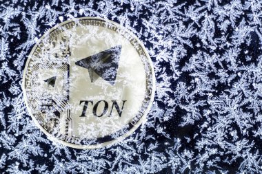 Cryptocurrency Ton gelen telgraf. Gümüş madeni para ton buzla kaplıdır.