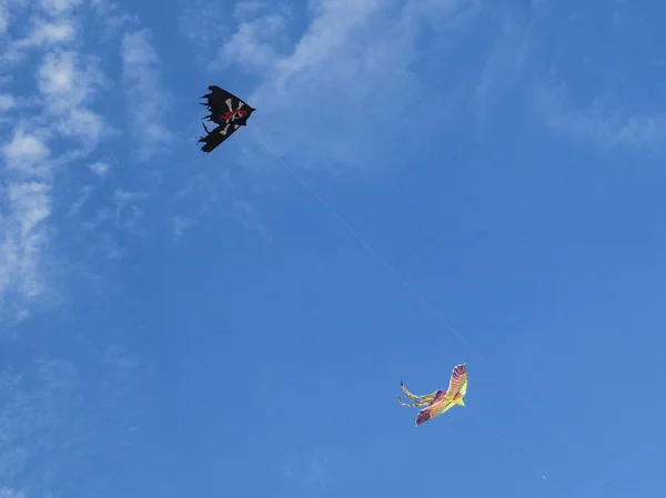 Two colored kites in the sky with white clouds — Stock Photo, Image