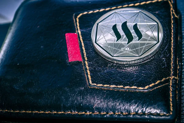 Stéem pièce crypto-monnaie sur portefeuille en cuir . — Photo