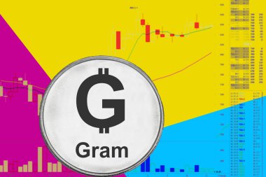 Sikke cryptocurrency Gram grafik ve sarı mavi neon arka plan.