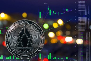 Sikke cryptocurrency Eos gece şehir arka plan ve grafik.