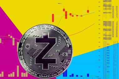 Sikke cryptocurrency zec grafik ve sarı mavi neon arka plan.