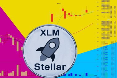 Sikke cryptocurrency Xlm grafik ve sarı mavi neon arka plan.