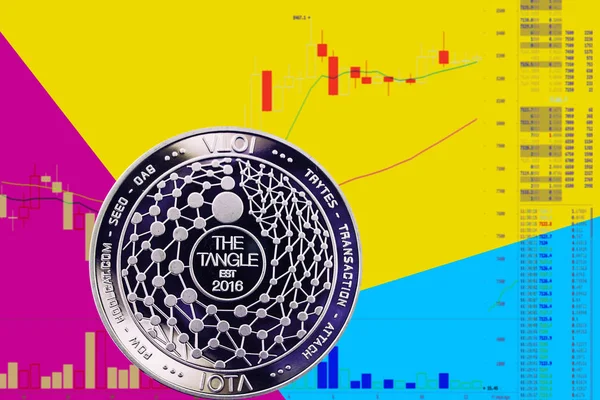 Монета криптовалюта Міота на графіку і жовтий синій неоновий фон . — стокове фото