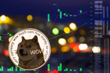 Coin cryptocurrency Doge on night city background and chart. clipart