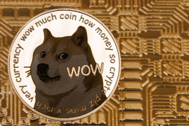 Siver coin Dogecoin on the gold circuit background. clipart