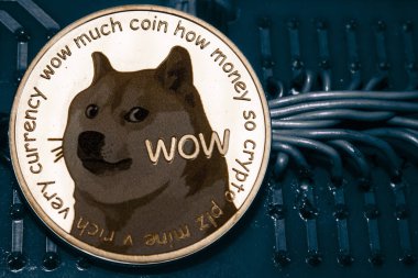 Coin cryptocurrency doge on the background of wires and circuits. clipart