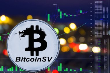 Cryptocurrency Bitcoinsv gece şehir arka plan ve grafik üzerinde para. BSV